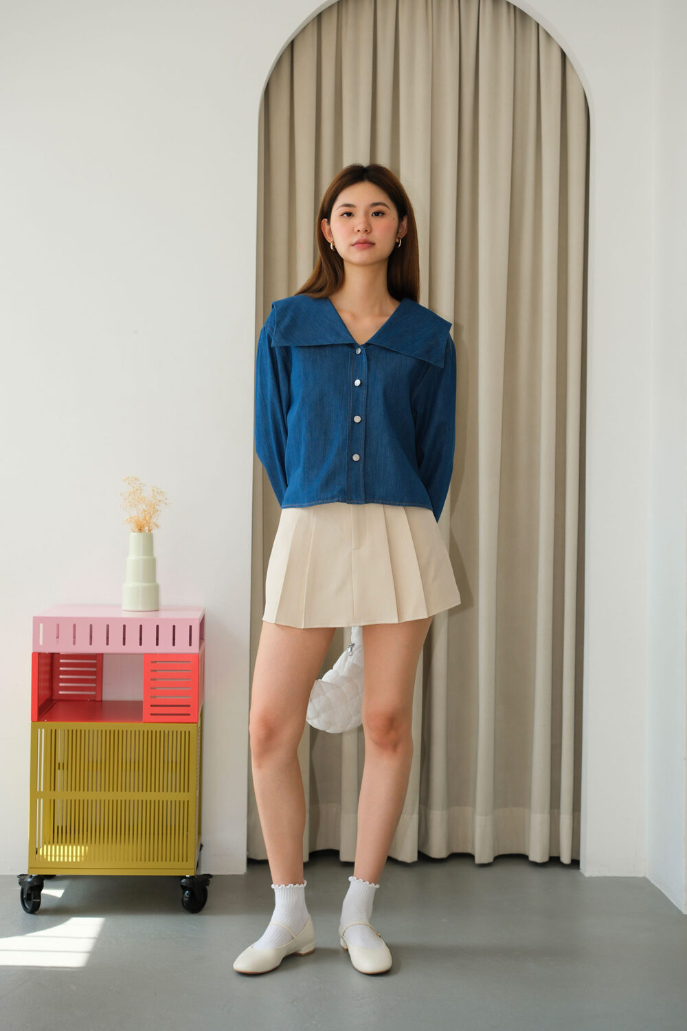 Denim Effect Peter Pan Collar Shirt - Image 3