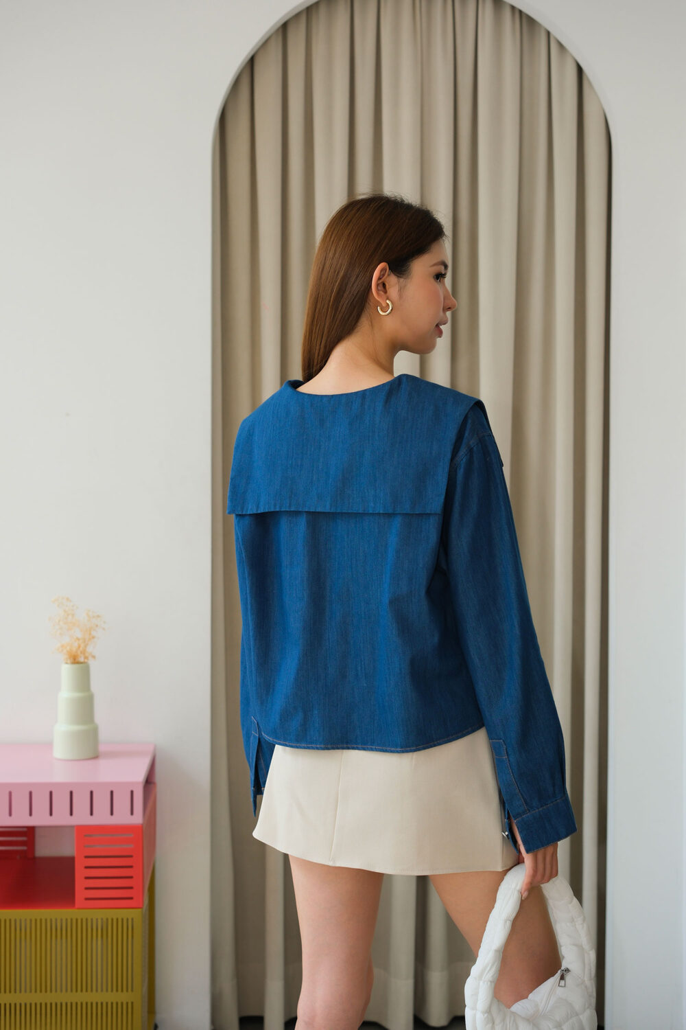 Denim Effect Peter Pan Collar Shirt - Image 6
