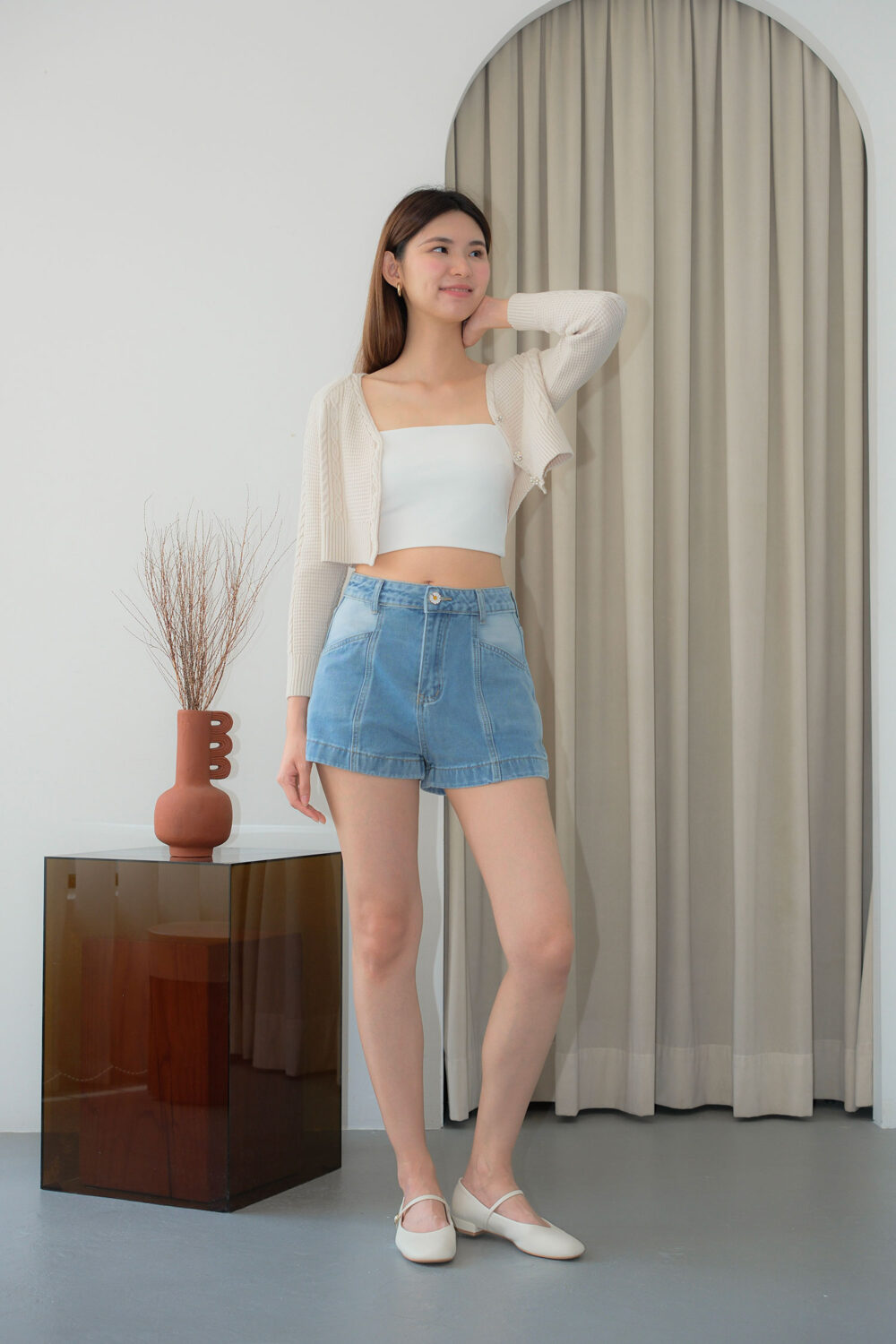 Floral Button High Waisted Denim Shorts - Image 6