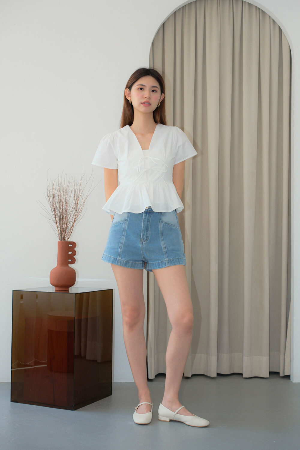 Floral Button High Waisted Denim Shorts - Image 2