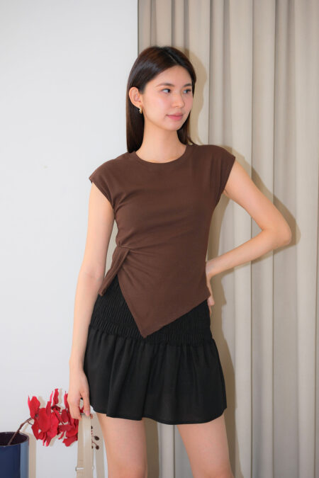 Cap Sleeve Asymmetric Top - S, Dark Brown