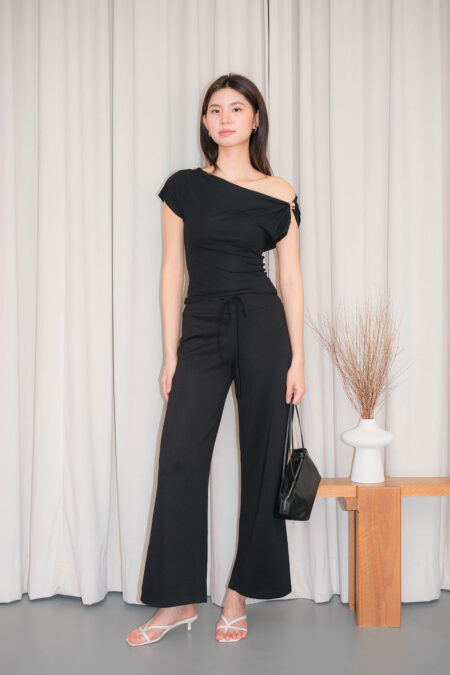 Back Pocket Cover Drawstring Pants - S, Black