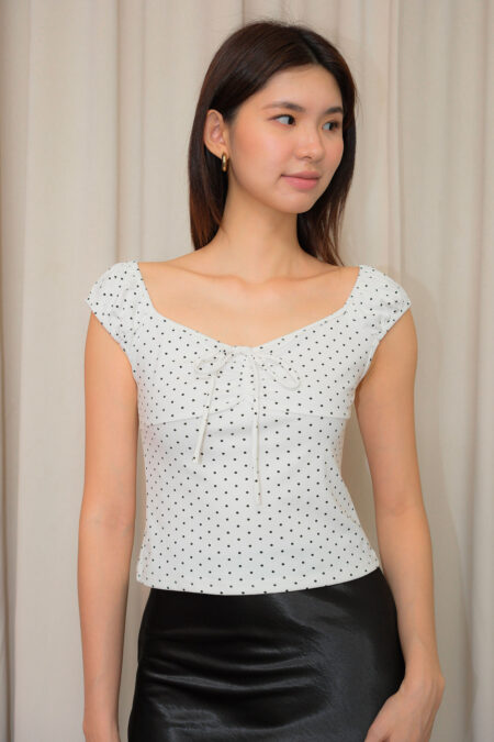 Polkadot Shoulder Elastic Band Top - S, White