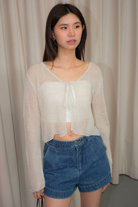 Knit Mesh Neck String Crop Cardigan